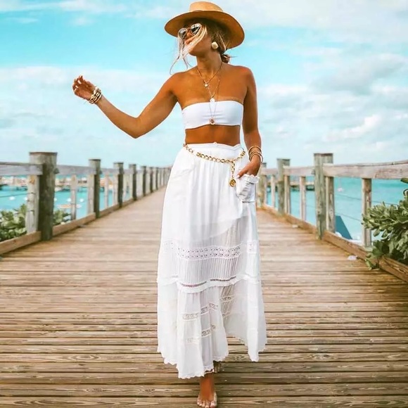 Boho skirt white cream crochet pockets maxi long womens clothing - Picture 3 of 8